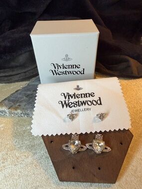 Vivienne Westwood Crystal Heart Orb Earrings in Platinum Silver Tone 0.75”